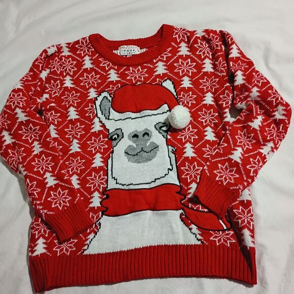 Ugly Christmas Sweater Med LAMA Santa PomPom Red Christmas Trees Snowflakes POOF - Picture 1 of 9